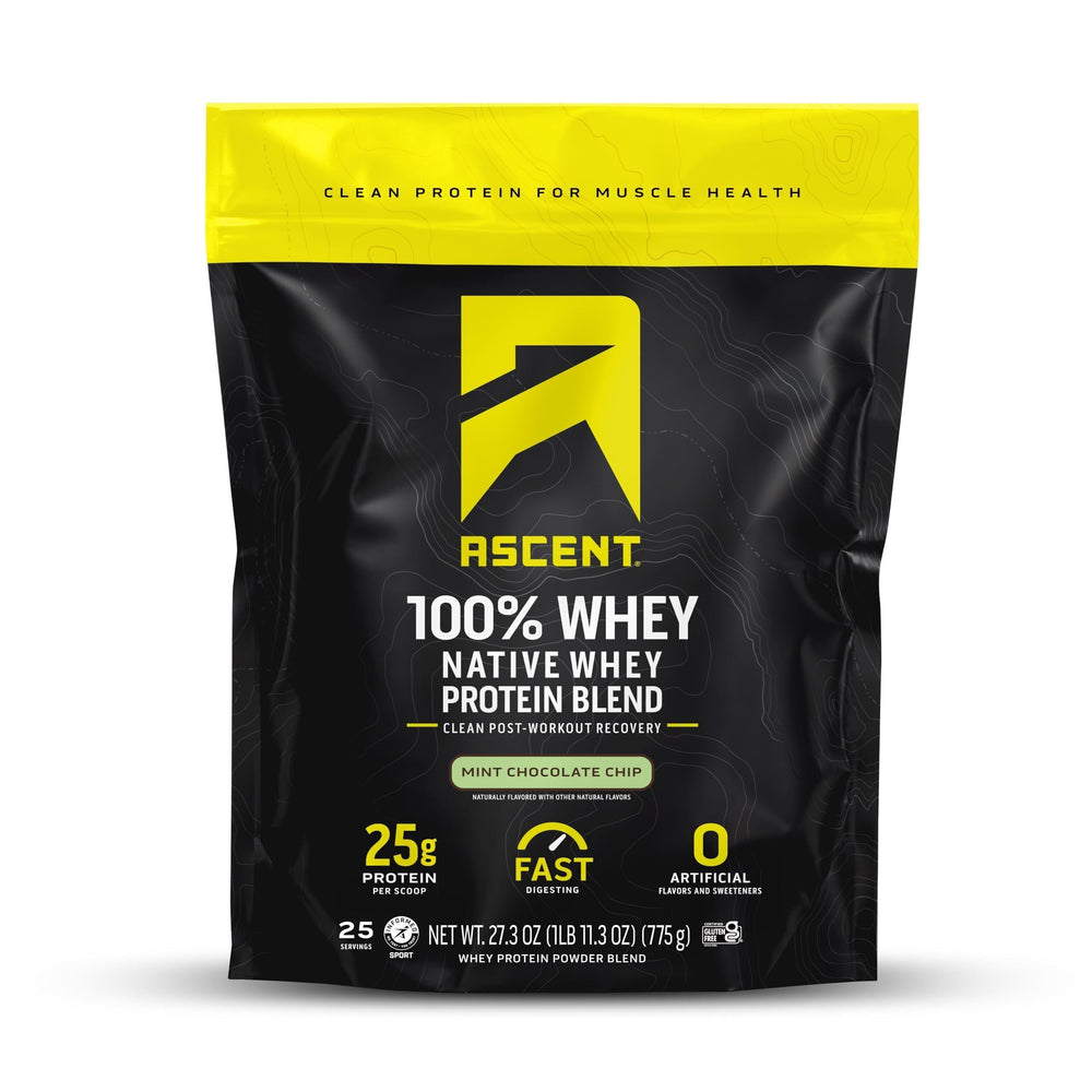 Ascent whey mint chocolate chip tub label shows clean ingredients for post-workout fueling