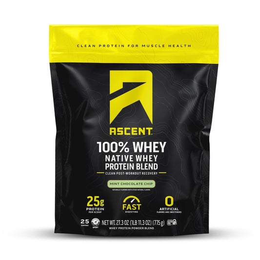 Ascent whey mint chocolate chip tub label shows clean ingredients for post-workout fueling