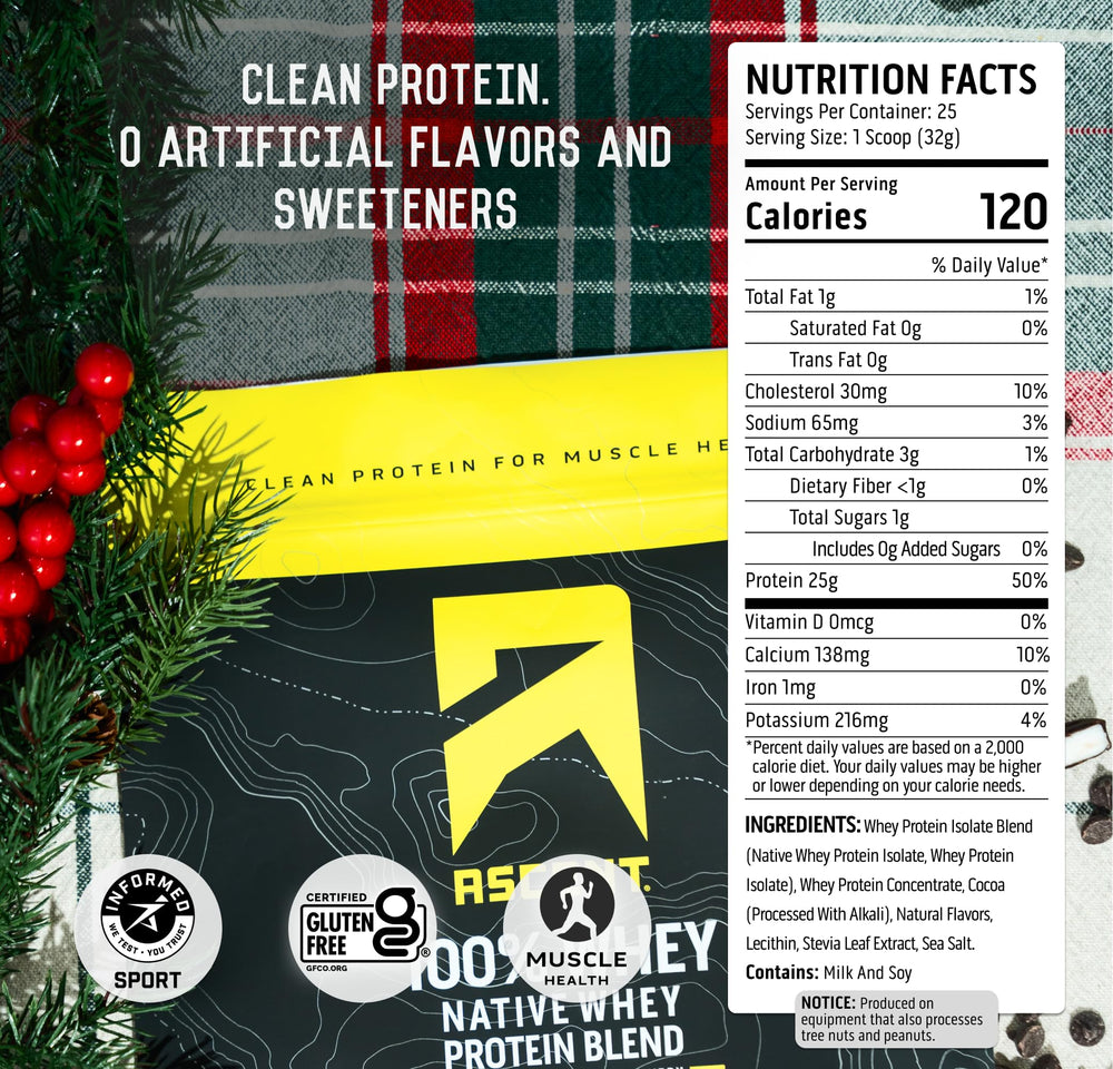 Ascent whey powder blends with cold water into a silky shake.