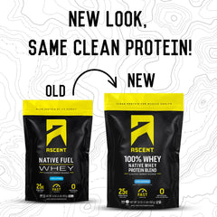 Ascent 100% Whey Protein tub gluten-free label emphasizes dietary compatibility.