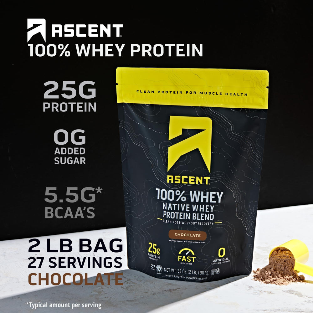 Ascent whey protein scoop ready for quick 25g servings after training.