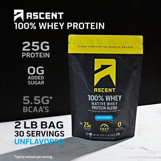 Ascent whey protein unflavored bottle pour shows easy mixability for post-workout shakes.