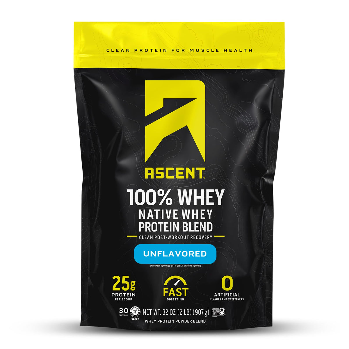Ascent 100% Whey Protein unflavored tub close-up highlights clean label and premium whey isolate.