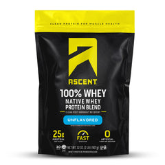 Ascent 100% Whey Protein unflavored tub close-up highlights clean label and premium whey isolate.