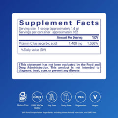 Measuring scoop next to ascorbic acid powder bottle for easy daily dosing.