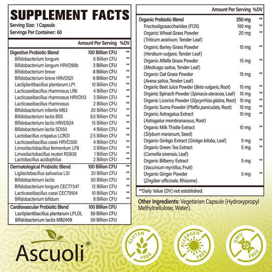 Ascuoli Probiotics with 24 strains on bottle label for microbiome diversity