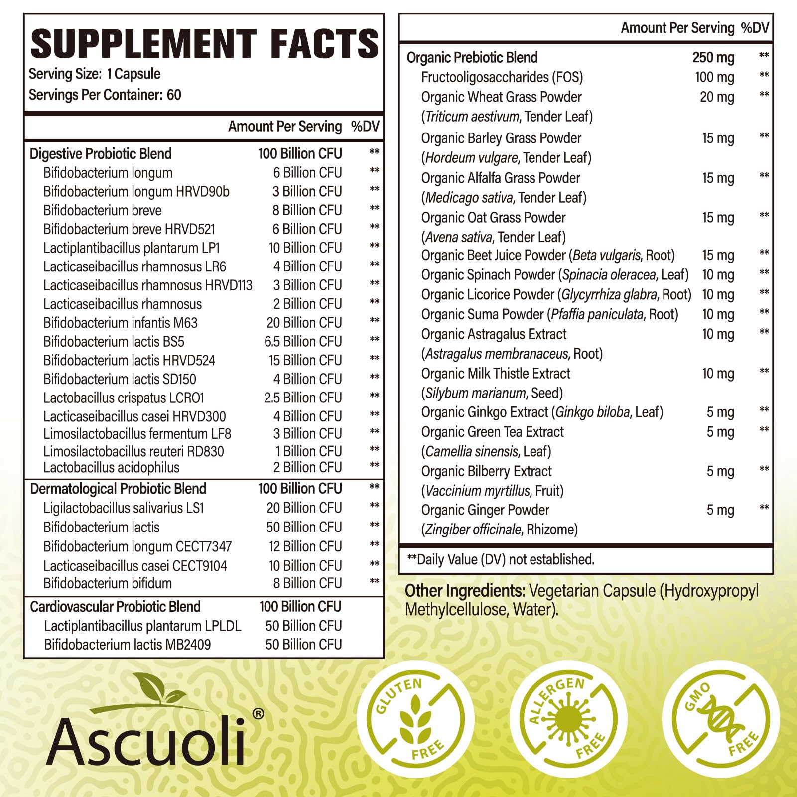 Ascuoli Probiotics bottle pour – easy capsule dose for daily digestive comfort.