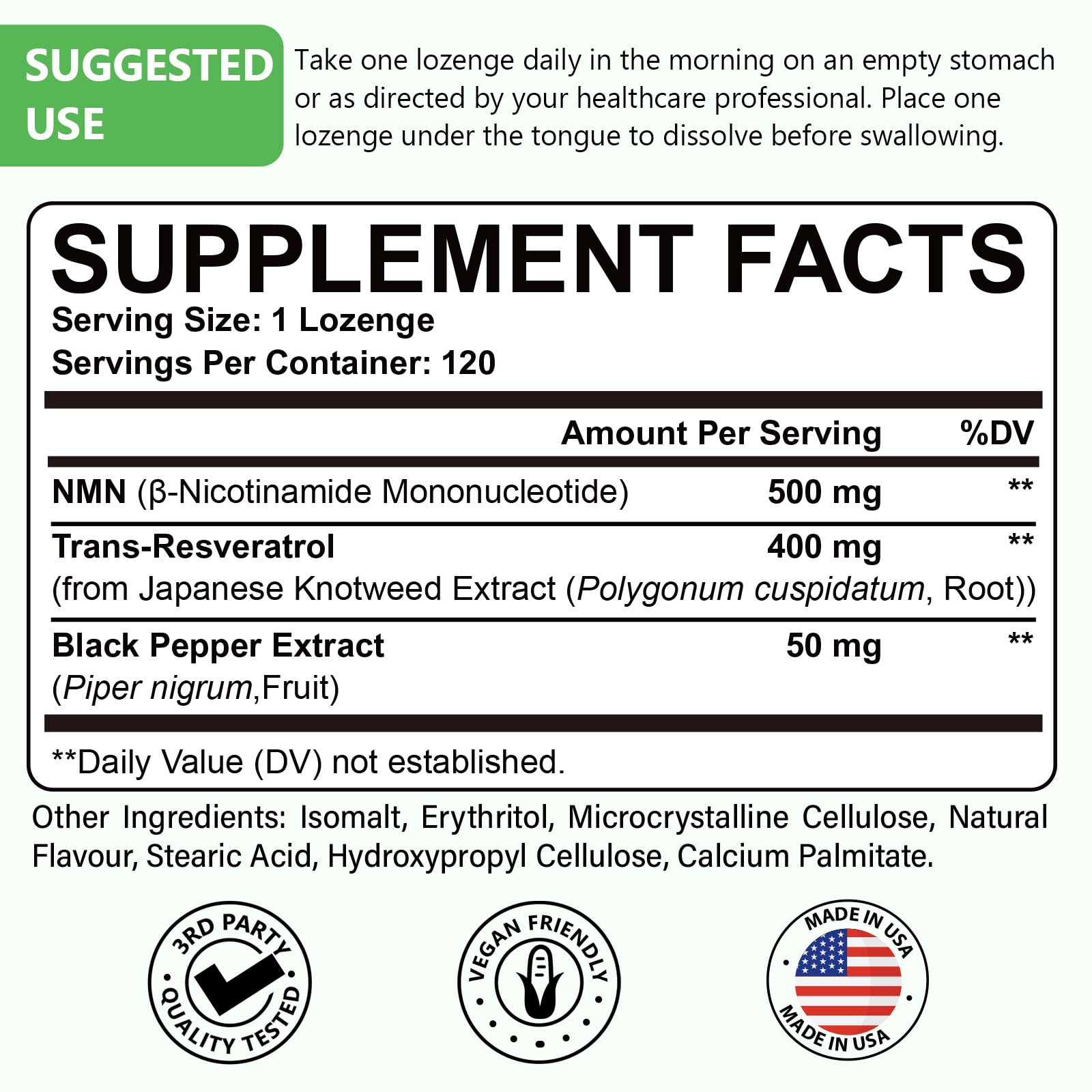 Ascuoli NMN bottle back shows ingredients and usage