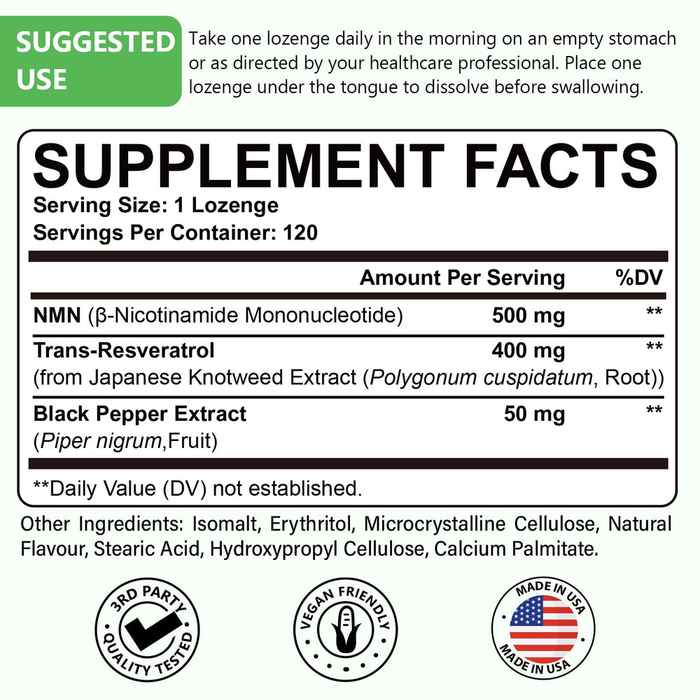 Ascuoli NMN bottle back shows ingredients and usage