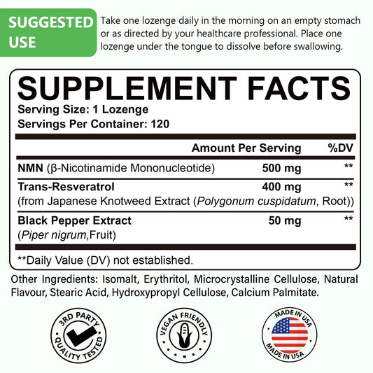 Ascuoli NMN bottle back shows ingredients and usage