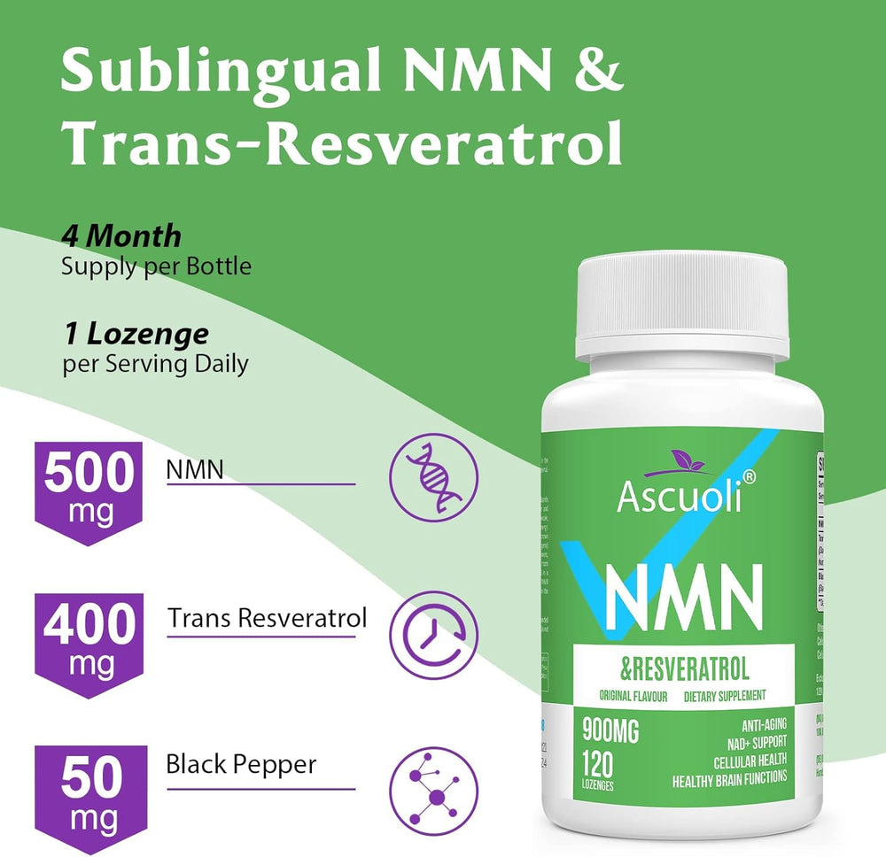 Ascuoli NMN lozenges close-up 120-count packaging