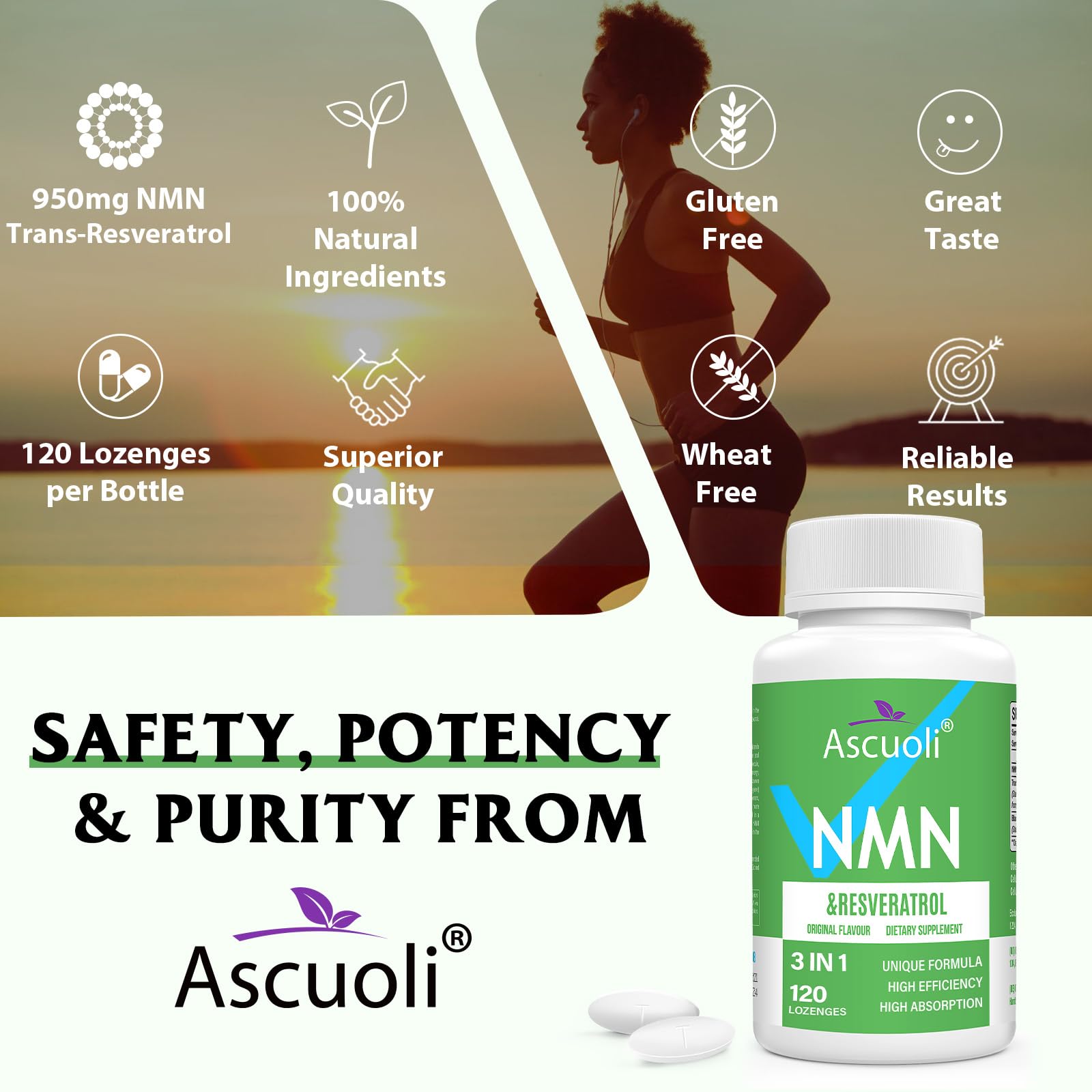 Ascuoli label detail with NMN and Trans-Resveratrol ingredients.