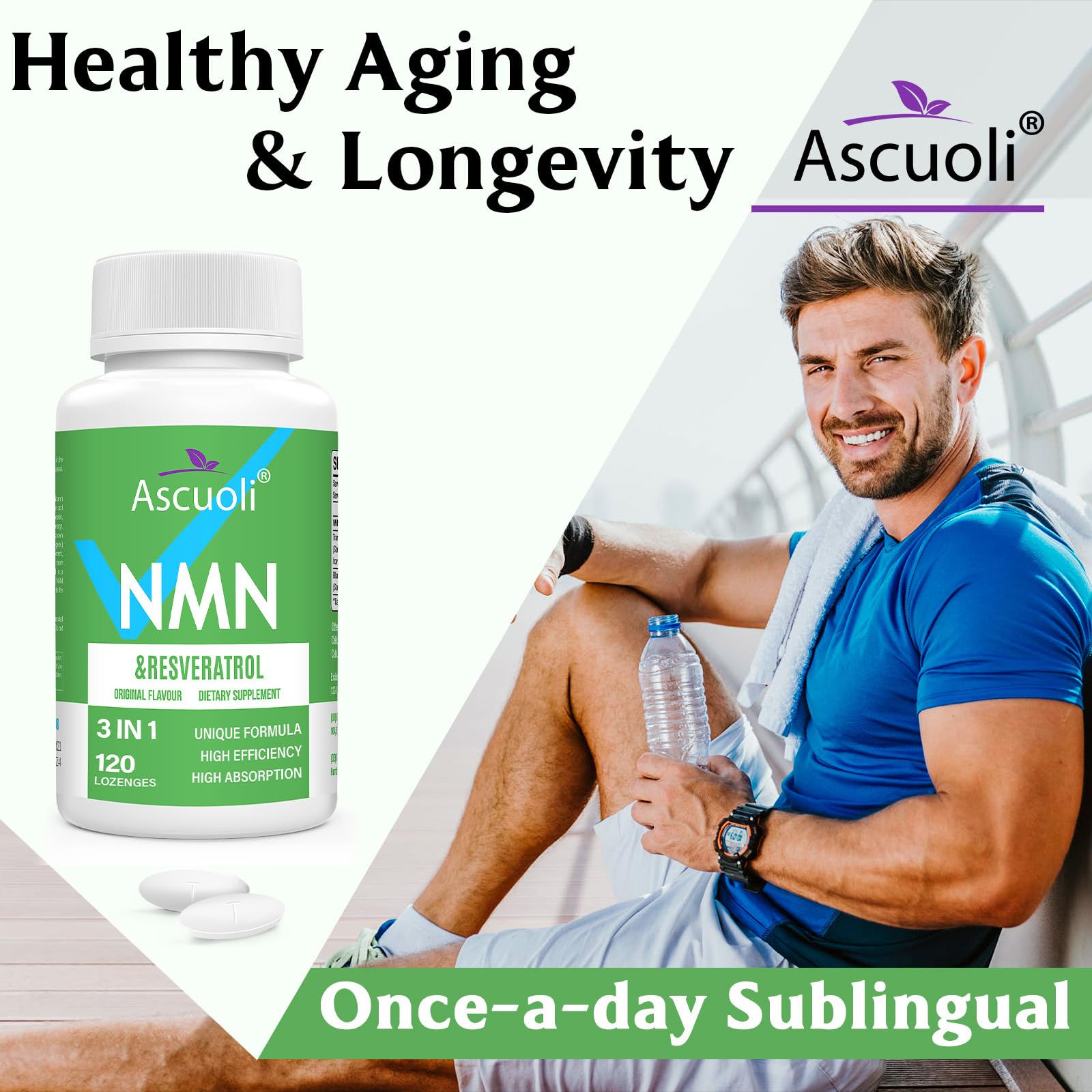 Ascuoli bottle and label emphasizing 99% pure NMN trans-resveratrol.