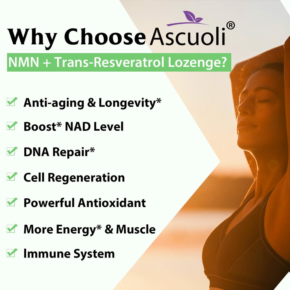 Close-up of Ascuoli NMN Resveratrol tablets showing sublingual absorption potential.