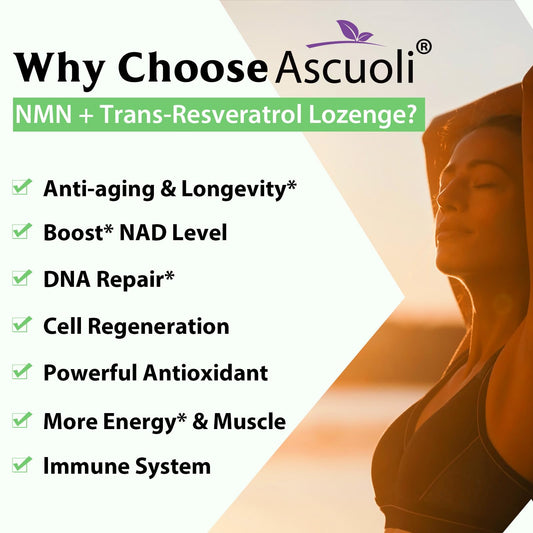 Close-up of Ascuoli NMN Resveratrol tablets showing sublingual absorption potential.