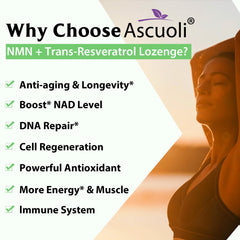 Close-up of Ascuoli NMN Resveratrol tablets showing sublingual absorption potential.