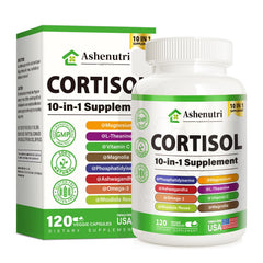 Ashenutri 10-in-1 cortisol supplement bottle offering convenient daily support.