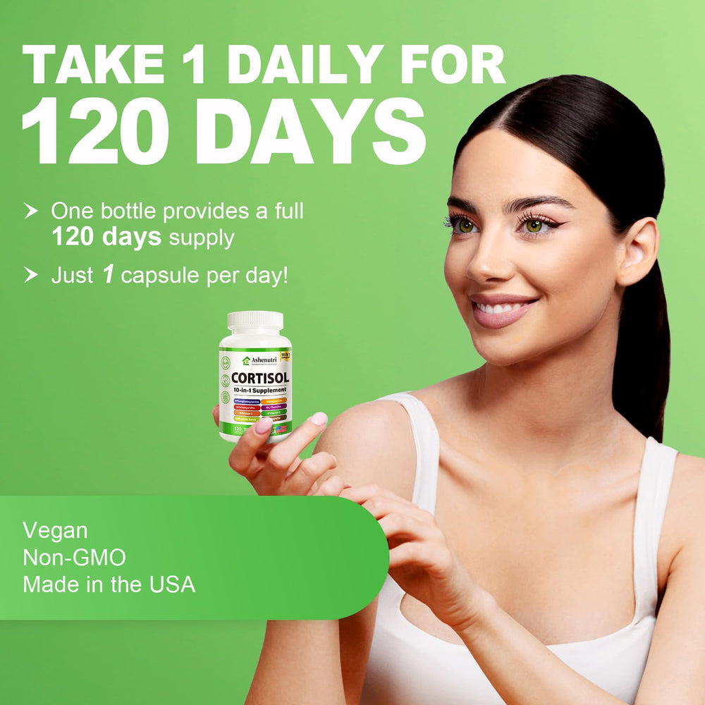 Ashenutri L-theanine and magnesium capsules for relaxed focus.