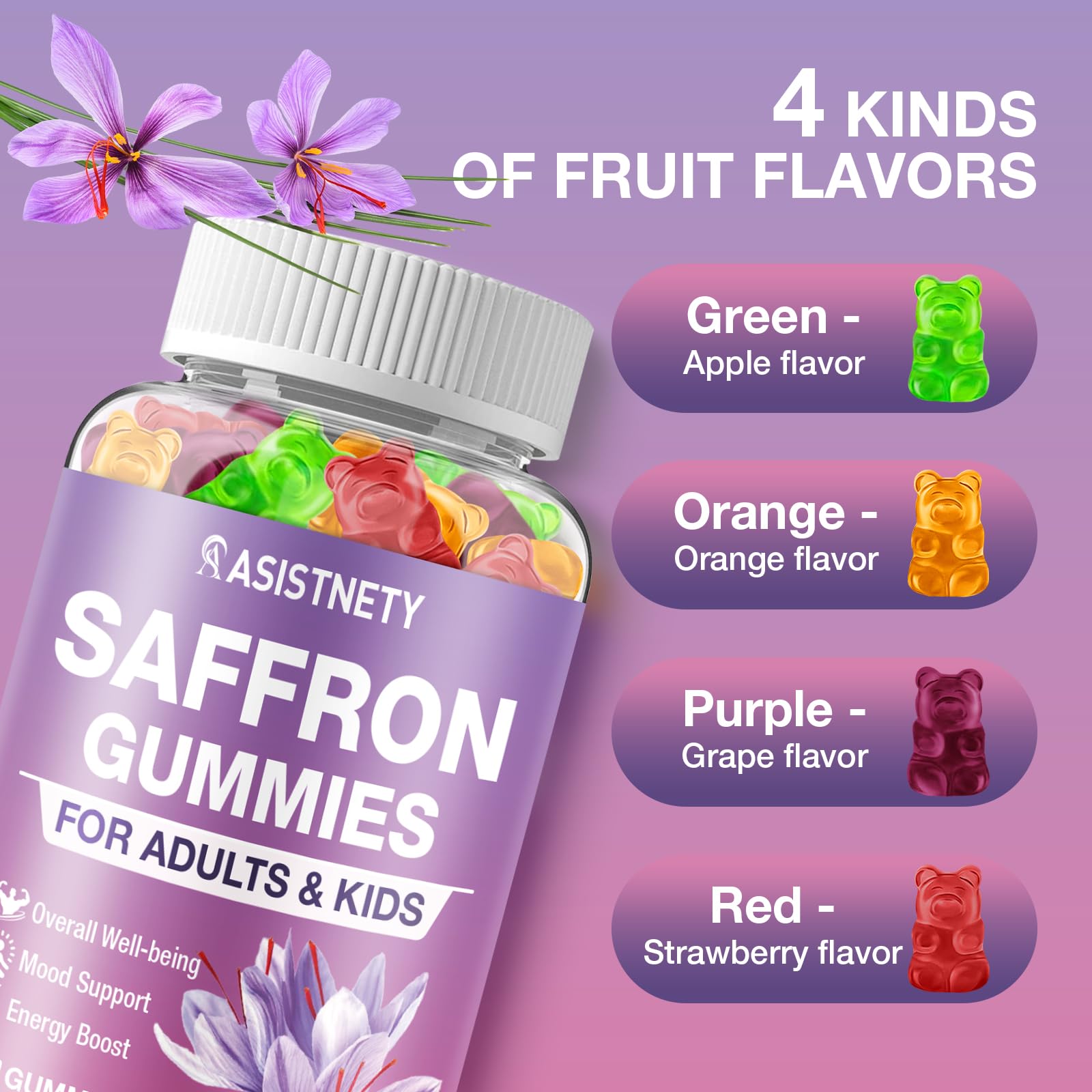ASISTNETY saffron gummies on daily routine tray for easy self-care.