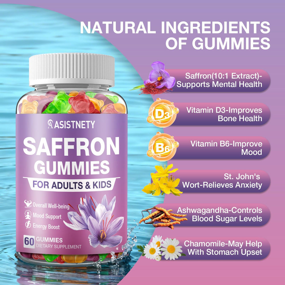 ASISTNETY saffron gummies ingredients banner showcasing botanicals.