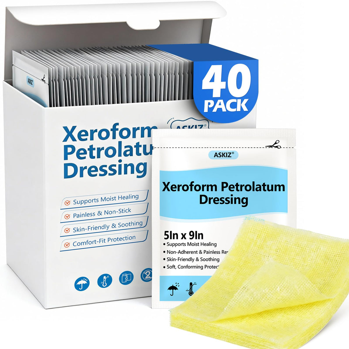ASKIZ Xeroform dressing 5x9 patch, non-adherent protection for wounds.