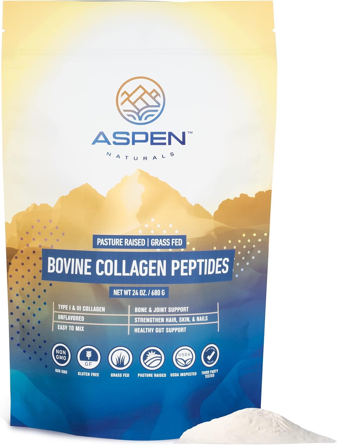 Aspen Naturals Bovine Collagen Powder bottle with clear measurement marks.