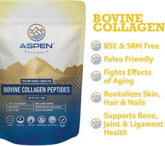 Aspen Naturals Bovine Collagen Powder label highlights paleo-friendly, gluten-free, non-GMO features.