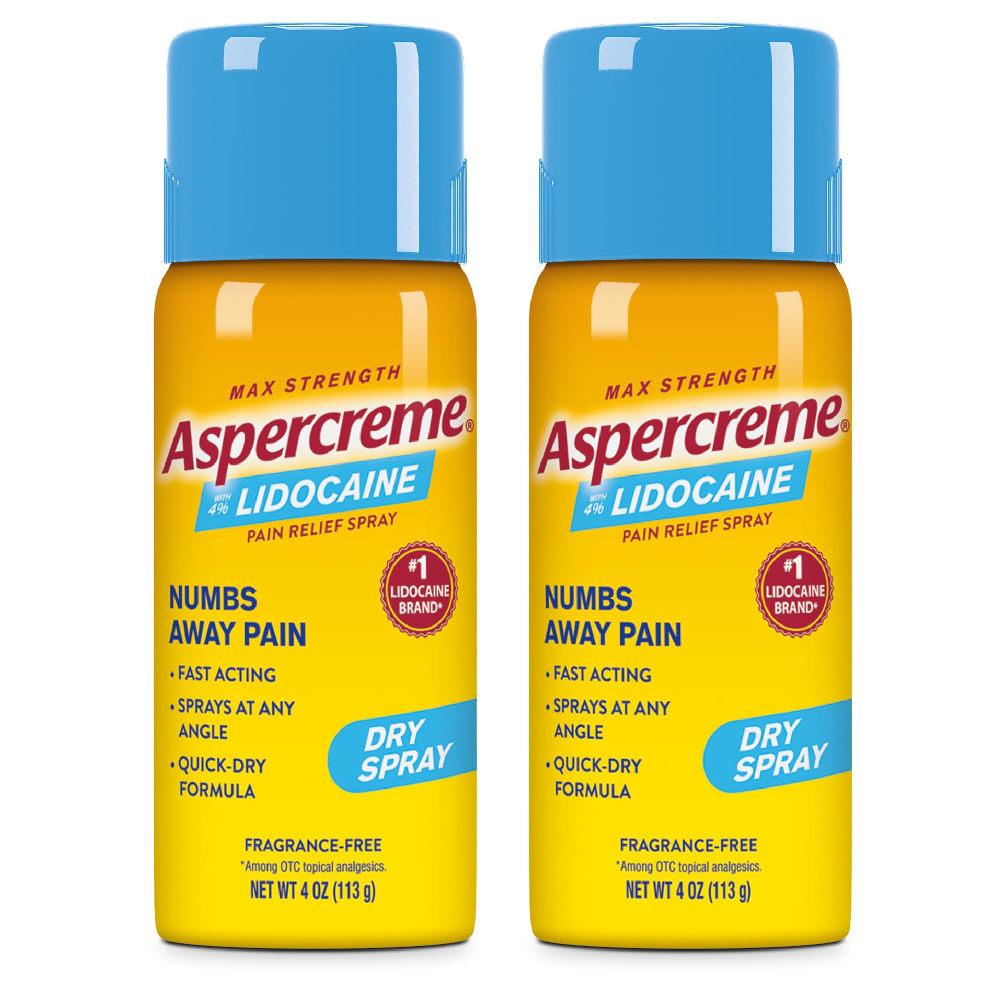 Aspercreme Lidocaine Dry Spray two-bottle pack shown for targeted, quick relief after activity.
