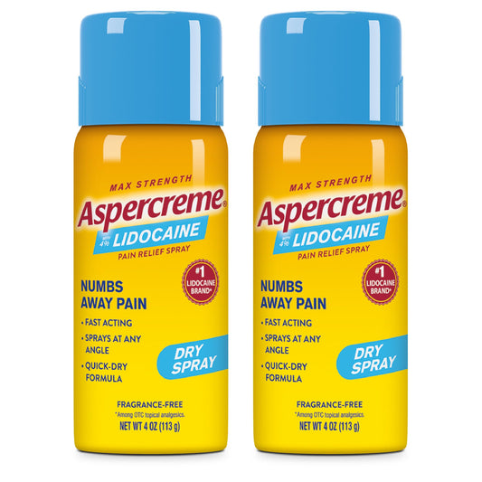 Aspercreme Lidocaine Dry Spray two-bottle pack shown for targeted, quick relief after activity.