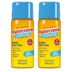 Aspercreme Lidocaine Dry Spray two-bottle pack shown for targeted, quick relief after activity.