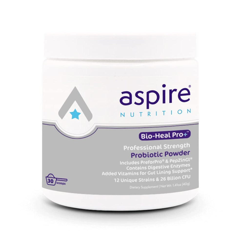 Aspire Nutrition Bio-Heal Pro+ bottle front for daily probiotic support and gut balance.