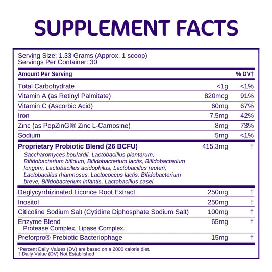 Aspire Nutrition Bio-Heal Pro+ label closeup highlights the 6-in-1 probiotic formulation.