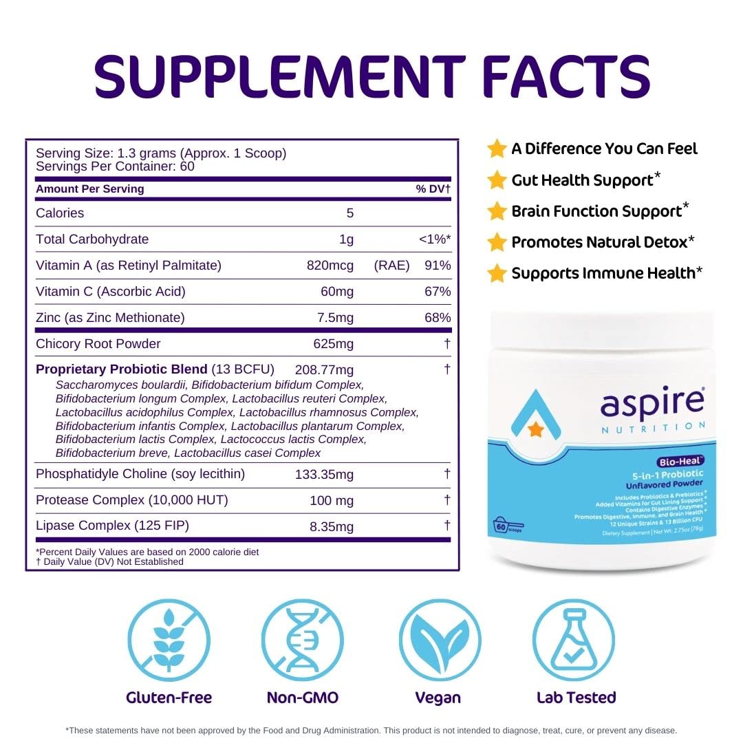 Aspire Nutrition Bio-Heal probiotic bottle label highlights 12 strains and 60 servings