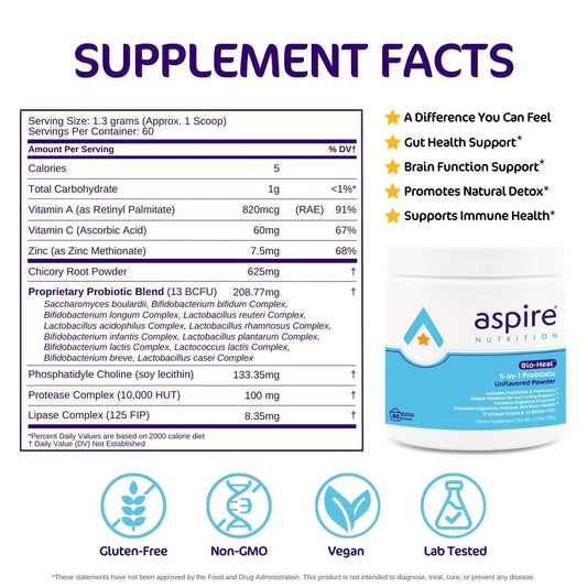 Aspire Nutrition Bio-Heal probiotic bottle label highlights 12 strains and 60 servings