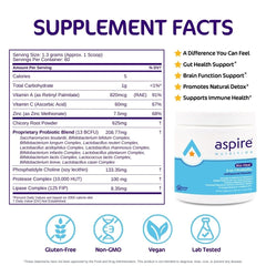 Aspire Nutrition Bio-Heal probiotic bottle label highlights 12 strains and 60 servings