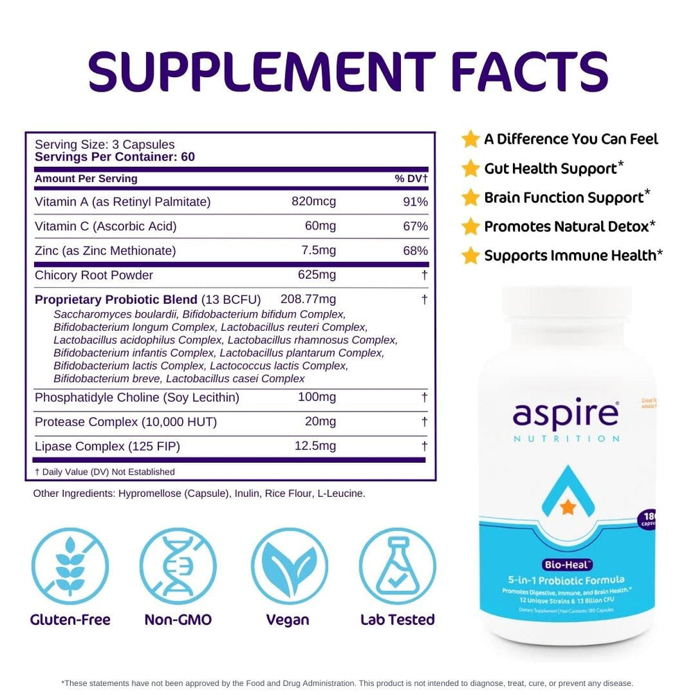 Aspire Bio-Heal probiotic label displays vitamins and minerals supporting immunity