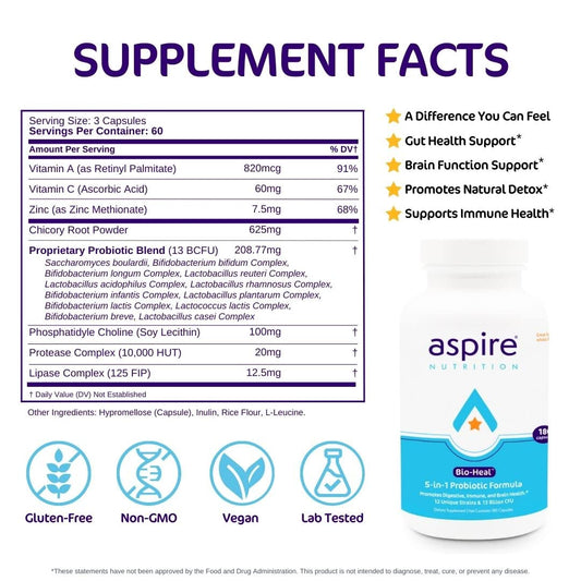 Aspire Bio-Heal probiotic label displays vitamins and minerals supporting immunity