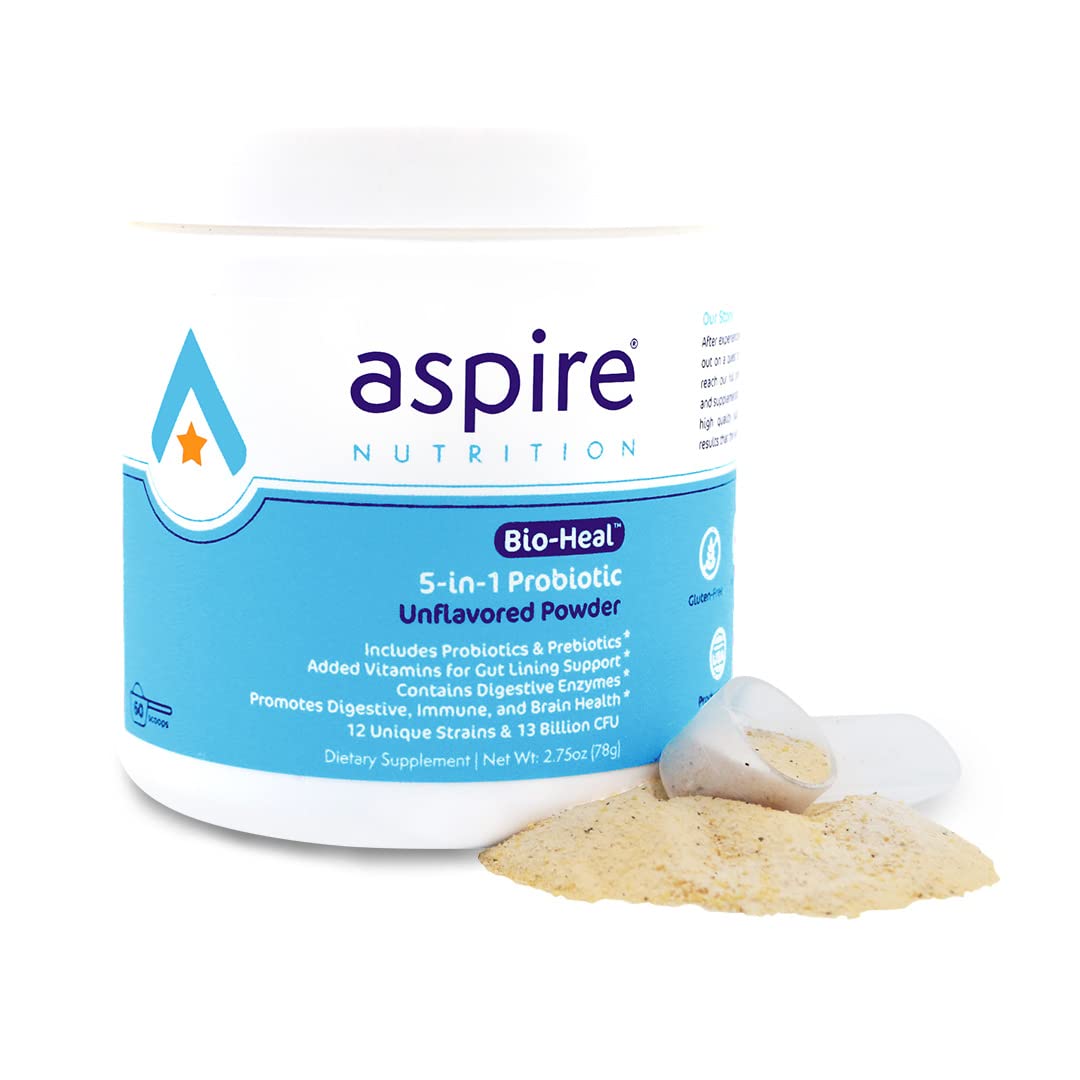 Aspire Nutrition Bio-Heal probiotic powder with scoop supports daily gut balance