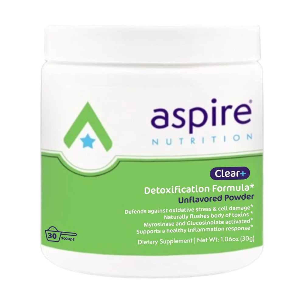 Aspire Nutrition Clear+ detox bottle-label highlights natural ingredients for daily wellness
