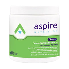 Aspire Nutrition Clear+ detox bottle-label highlights natural ingredients for daily wellness