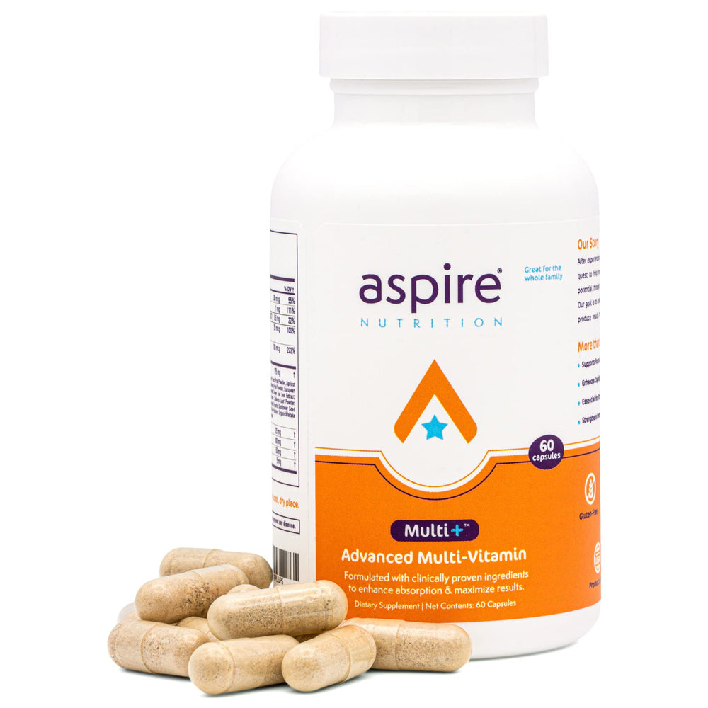 Aspire Nutrition Multi+ bottle front view supports energy and focus for all ages.