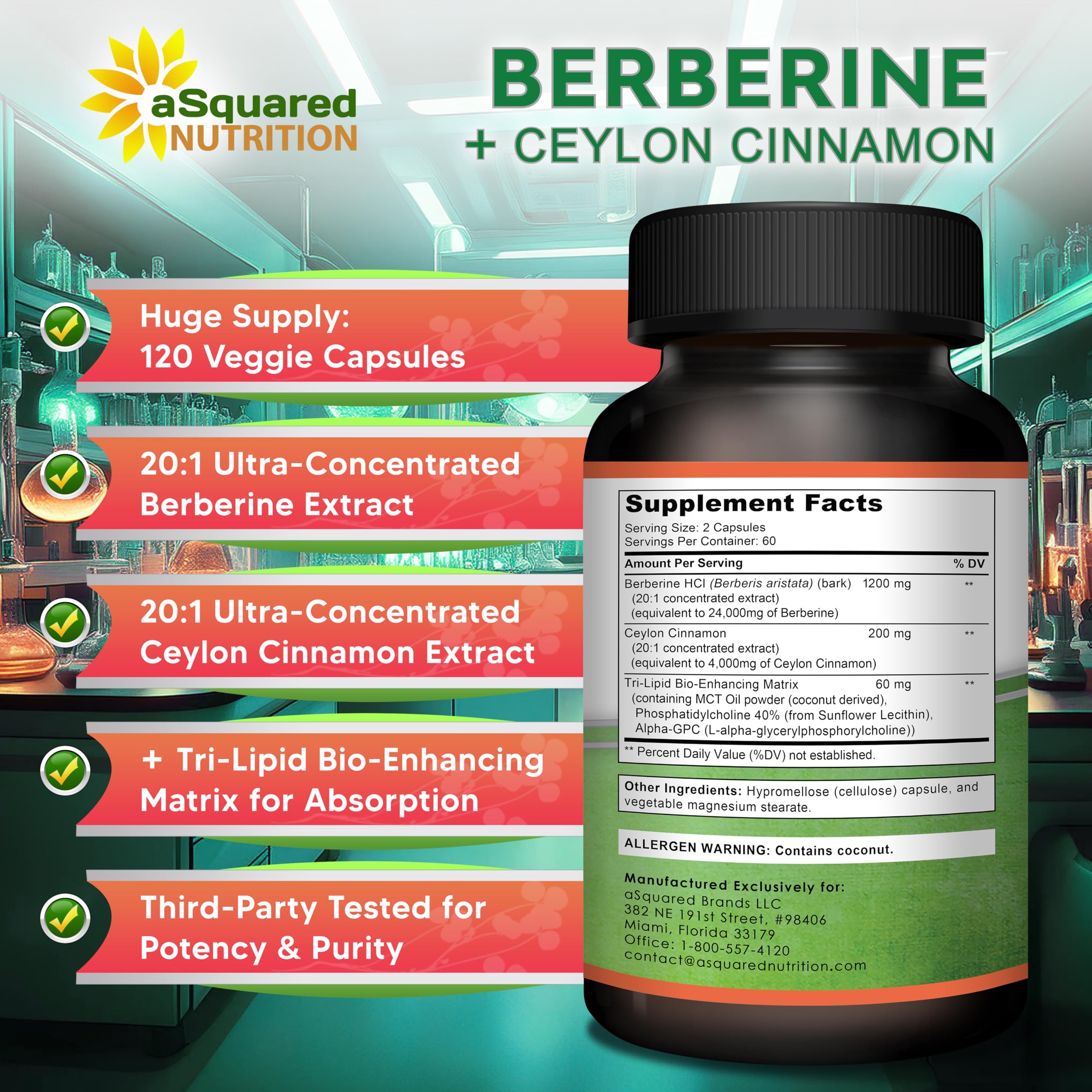 aSquared Nutrition Berberine Cinnamon Alpha-GPC and phosphatidylcholine closeup for brain support