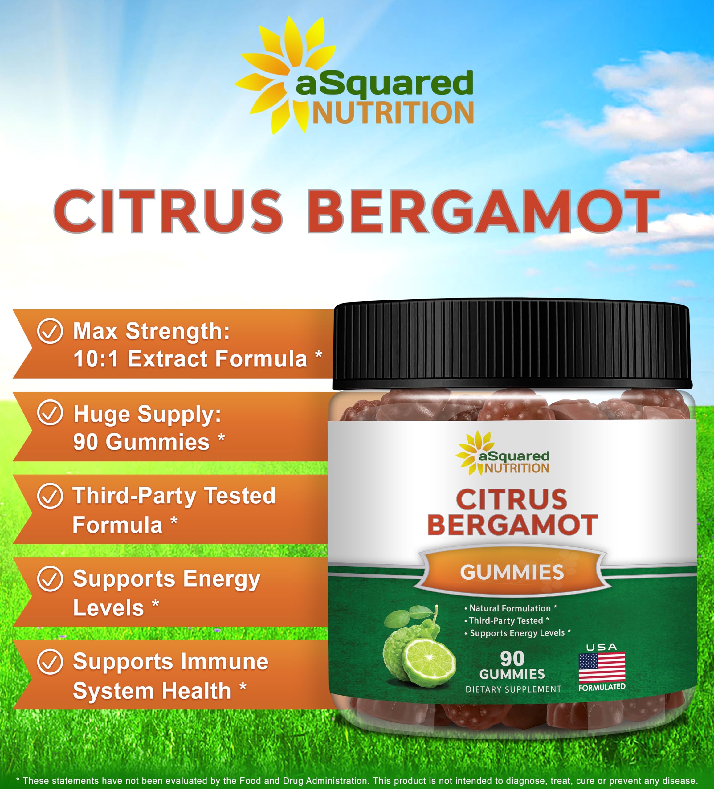 aSquared Nutrition Citrus Bergamot Gummies bottle close-up highlighting convenient gummy form