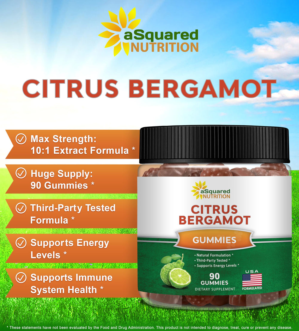 aSquared Nutrition Citrus Bergamot Gummies bottle close-up highlighting convenient gummy form