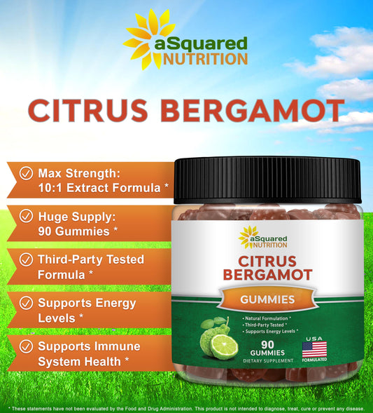 aSquared Nutrition Citrus Bergamot Gummies bottle close-up highlighting convenient gummy form