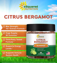 aSquared Nutrition Citrus Bergamot Gummies bottle close-up highlighting convenient gummy form