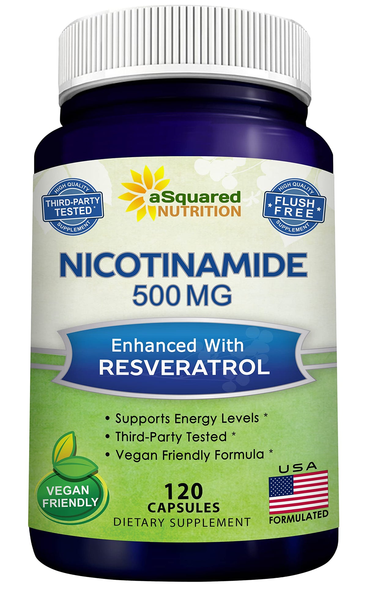 aSquared Nutrition Nicotinamide with Resveratrol 120 capsules bottle front view for longevity and vitality