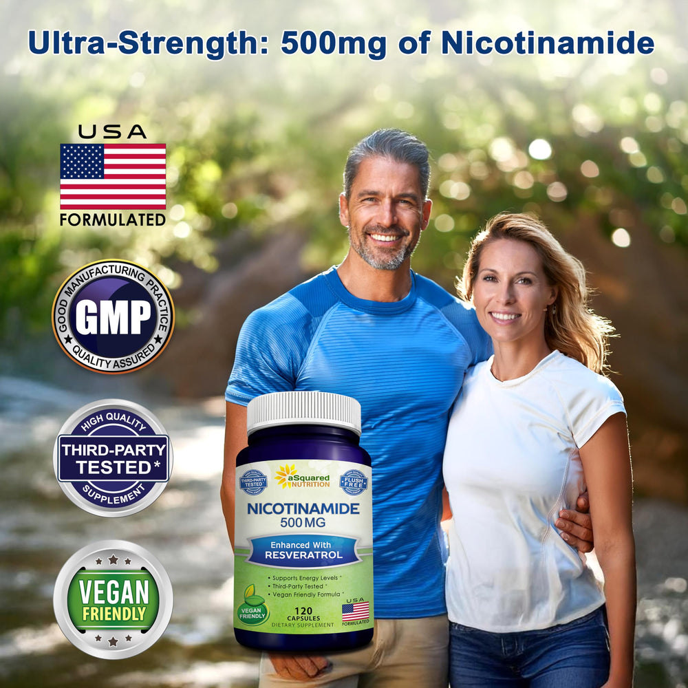 aSquared Nutrition Nicotinamide with Resveratrol capsules beside brain-health imagery