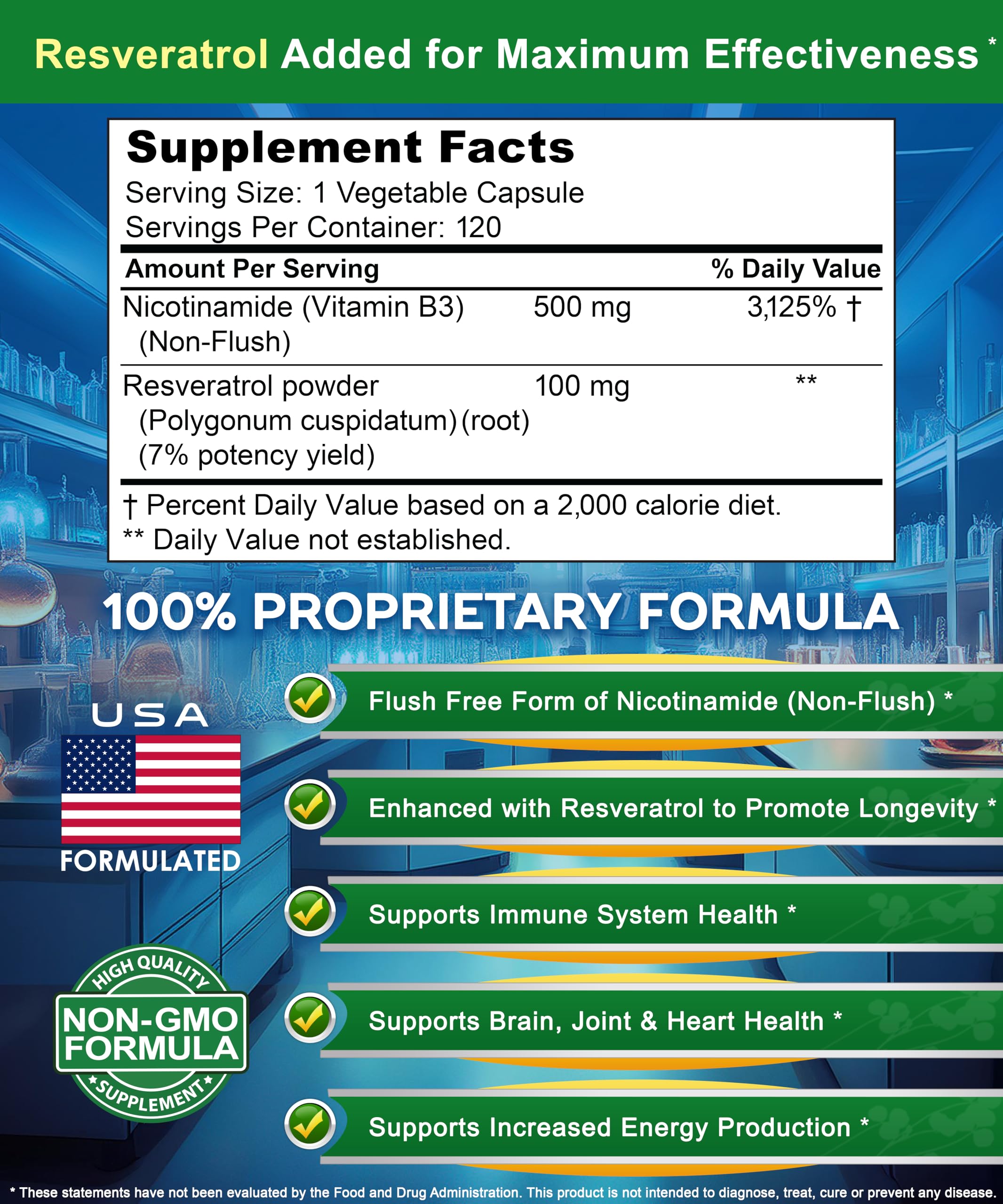 aSquared Nutrition Nicotinamide with Resveratrol label highlighting skin health benefits