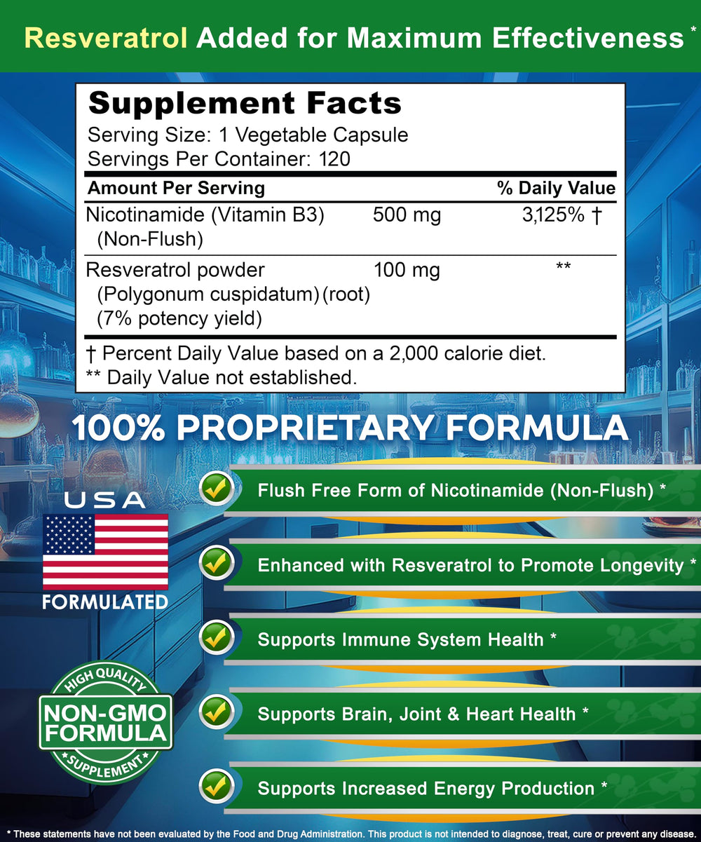 aSquared Nutrition Nicotinamide with Resveratrol label highlighting skin health benefits
